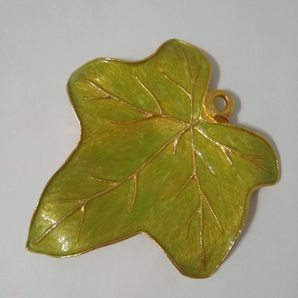 Luxury Maple Leaf Nature Trinket Tray Enamel Green Citrine Gold Fairy Fairie